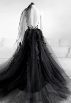 Black V-Neckline Backless Tulle With Lace Prom Dresses Black Long Prom Dresses