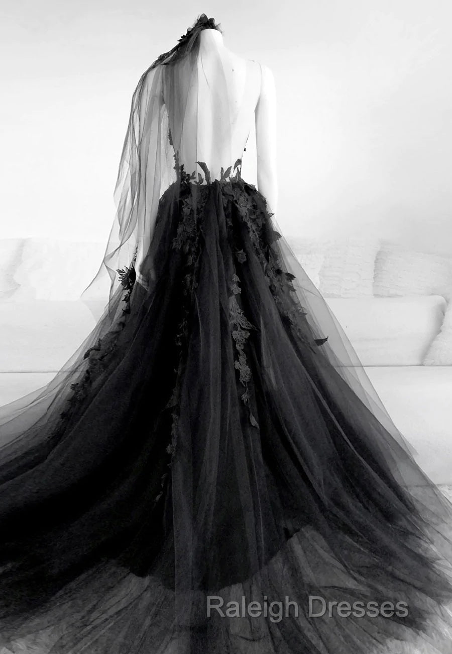 Black V-Neckline Backless Tulle With Lace Prom Dresses Black Long Prom Dresses Secondary image