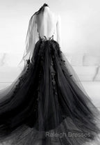 Black V-Neckline Backless Tulle With Lace Prom Dresses Black Long Prom Dresses