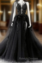Black V-Neckline Backless Tulle With Lace Party Dress, Black Long Prom Dress