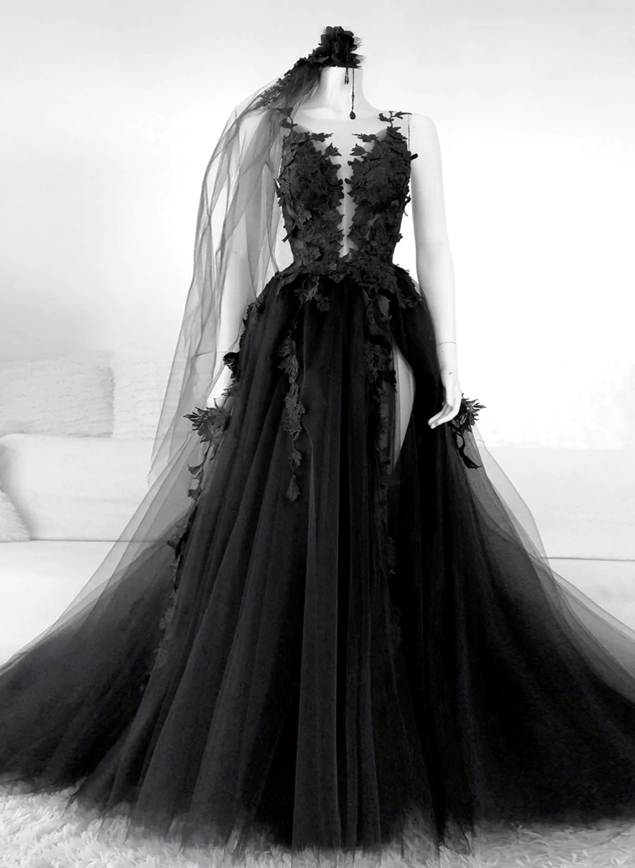 Black V-Neckline Backless Tulle With Lace Prom Dresses Black Long Prom Dresses Main image