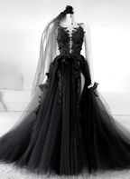 Black V-Neckline Backless Tulle With Lace Prom Dresses Black Long Prom Dresses