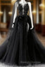 Black V-Neckline Backless Tulle With Lace Prom Dresses Black Long Prom Dresses