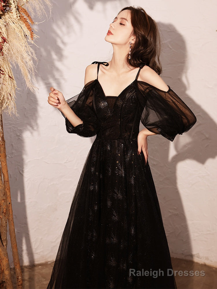Black V-Neckline Straps A-Line Long Lace-Up Prom Dresses Black Prom Dresses Secondary image