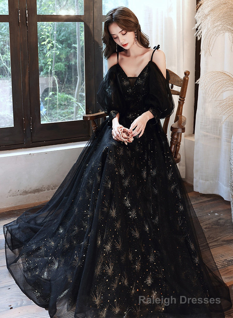 Black V-Neckline Straps A-Line Long Lace-Up Prom Dresses Black Prom Dresses
