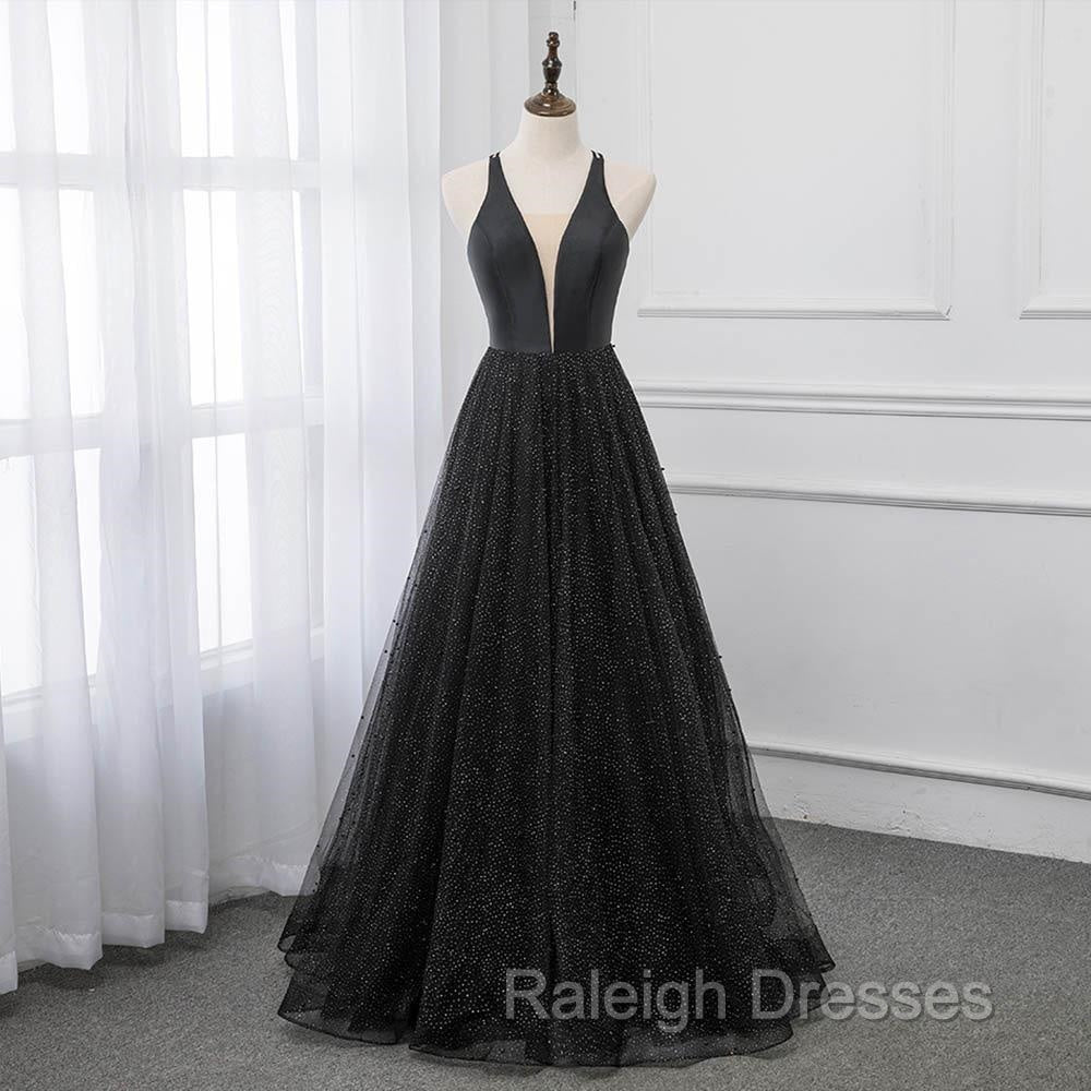 Black V-neckline Tulle and Satin Long Straps Cross Back Prom Dress, Floor Length Evening Dress Secondary image