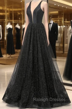 Black V Neckline Tulle and Satin Long Straps Cross Back Prom Dress, Floor Length Prom Dress