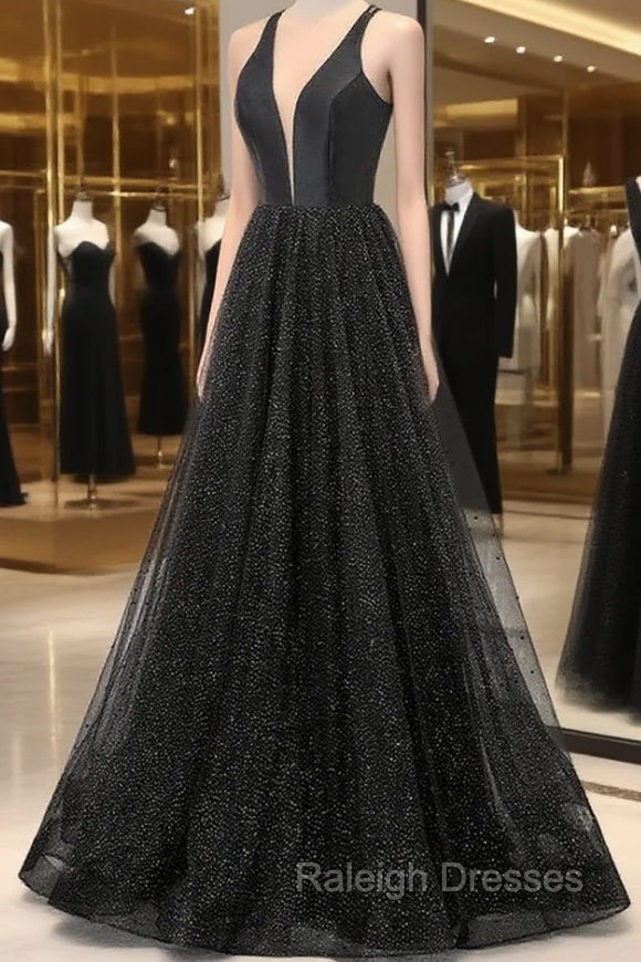 Black V Neckline Tulle and Satin Long Straps Cross Back Prom Dress, Floor Length Prom Dress