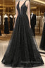 Black V Neckline Tulle and Satin Long Straps Cross Back Prom Dress, Floor Length Prom Dress