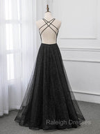 Black V-neckline Tulle and Satin Long Straps Cross Back Prom Dress, Floor Length Evening Dress