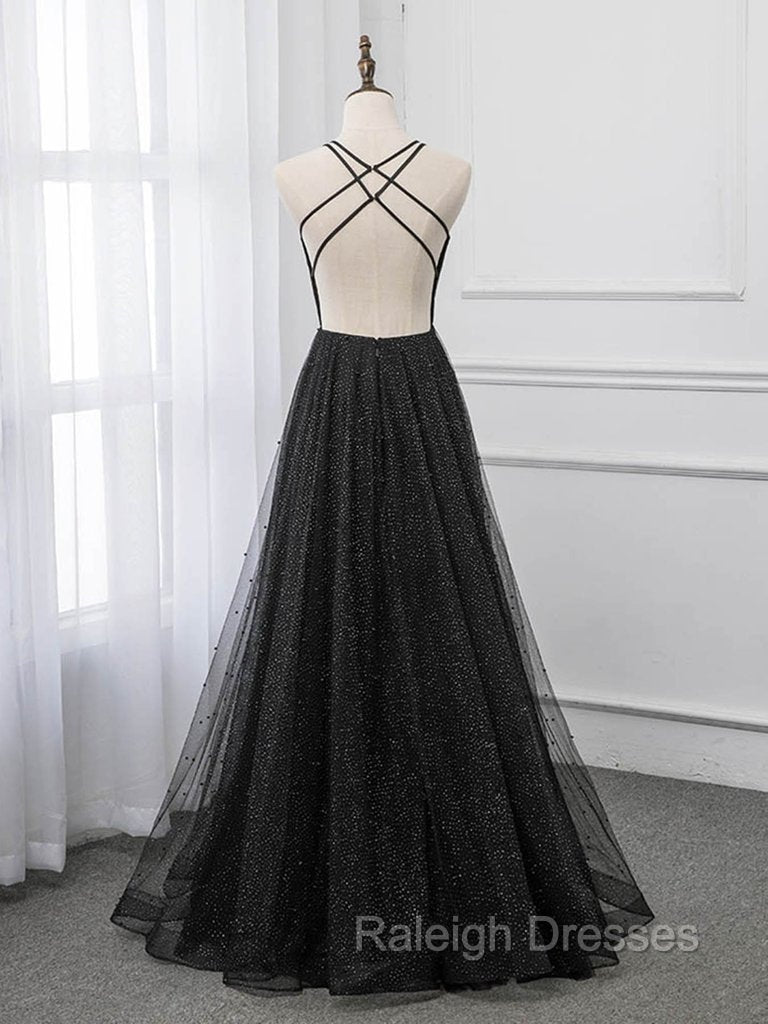 Black V Neckline Tulle and Satin Long Straps Cross Back Prom Dress, Floor Length Prom Dress