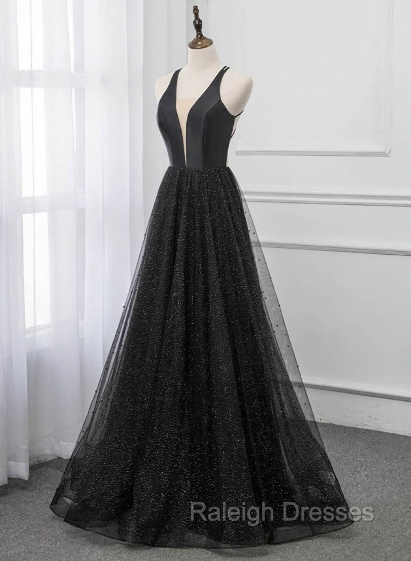 Black V-neckline Tulle and Satin Long Straps Cross Back Prom Dress, Floor Length Evening Dress Main image