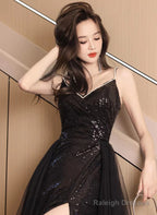 Black V-Neckline Tulle And Sequins Long Party Dress, Black Evening Dress Party Dress