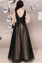Black V-Neckline Tulle Lace Applique Long Party Dress Prom Dresses, Black Evening Dresses