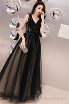 Black V-Neckline Tulle Lace Applique Long Prom Dresses Black Prom Dress