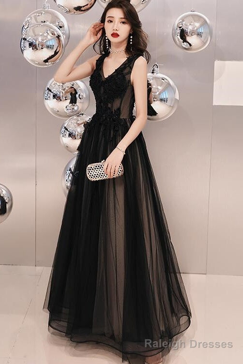 Black V-Neckline Tulle Lace Applique Long Prom Dresses Black Prom Dress Main image