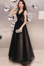 Black V-Neckline Tulle Lace Applique Long Prom Dresses Black Prom Dress