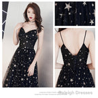 Black V-Neckline Tulle Straps Low Back Long Evening Dress Prom Dress, Black Formal Dresses