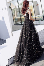 Black V-Neckline Tulle Straps Low Back Long Evening Dress Prom Dress, Black Formal Dresses