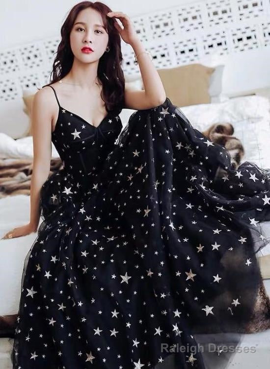 Black V-Neckline Tulle Straps Low Back Long Evening Dress Prom Dress, Black Formal Dresses Main image