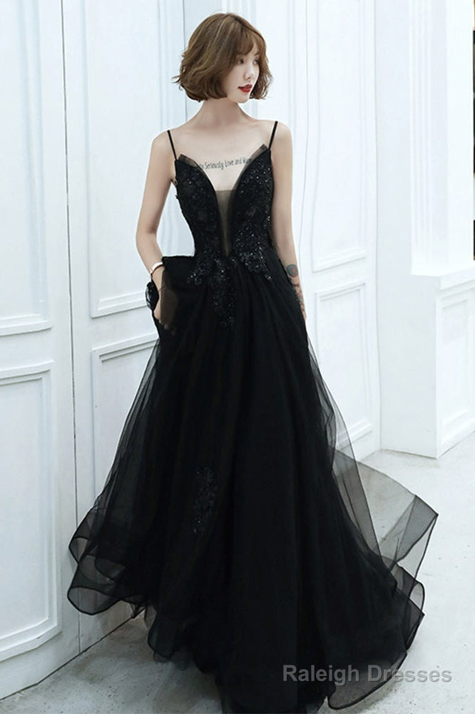 Black V-Neckline Tulle With Lace Applique Long Prom Dress, Black Evening Dress
