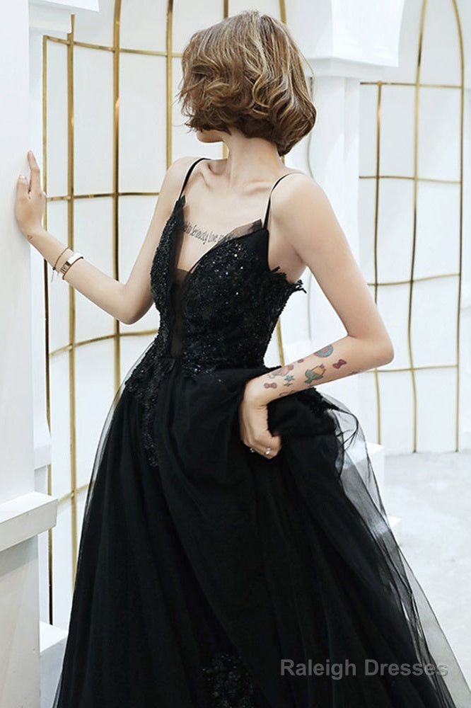 Black V-Neckline Tulle With Lace Applique Long Prom Dress, Black Evening Dress