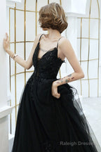 Black V-Neckline Tulle With Lace Applique Long Prom Dresses Black Prom Dresses