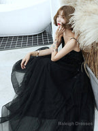 Black V-Neckline Tulle With Lace Applique Long Prom Dress, Black Evening Dress