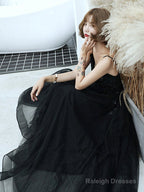 Black V-Neckline Tulle With Lace Applique Long Prom Dresses Black Prom Dresses