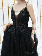 Black V-Neckline Tulle With Lace Applique Long Prom Dress, Black Evening Dress