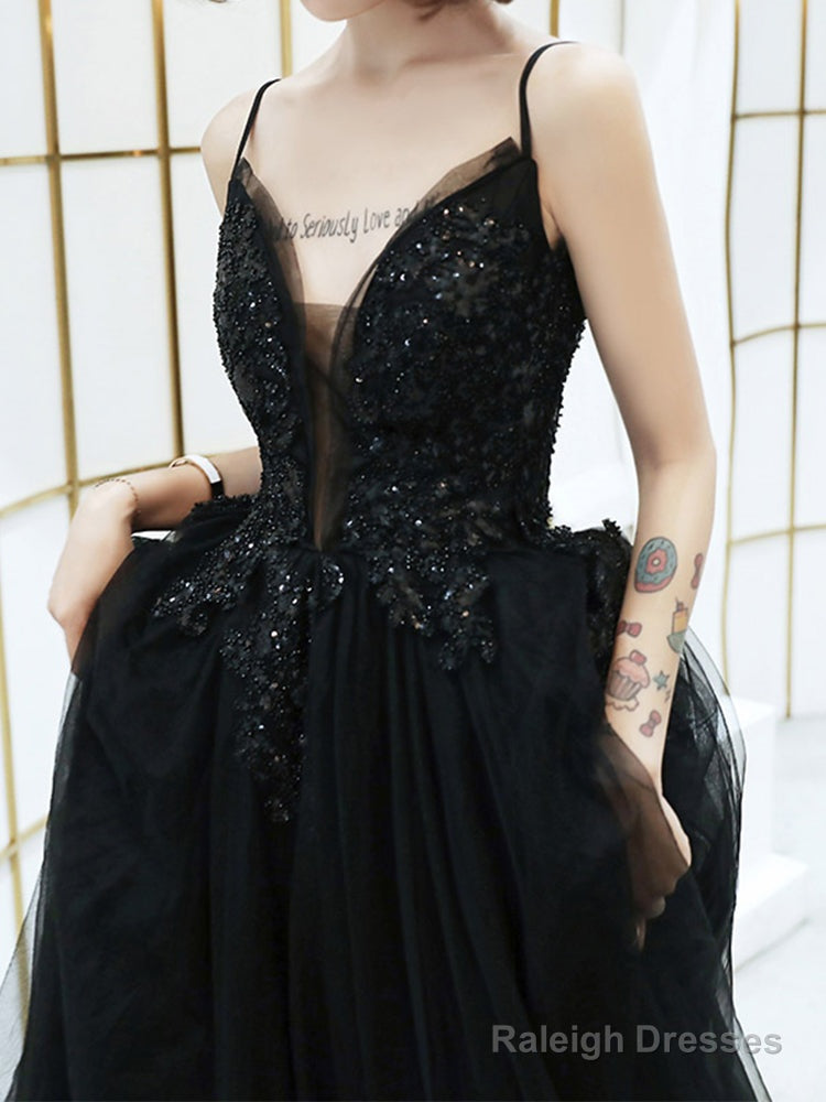 Black V-Neckline Tulle With Lace Applique Long Prom Dress, Black Evening Dress