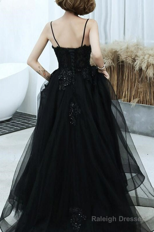 Black V-Neckline Tulle With Lace Applique Long Prom Dress, Black Evening Dress