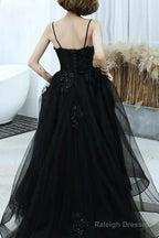 Black V-Neckline Tulle With Lace Applique Long Prom Dresses Black Prom Dresses