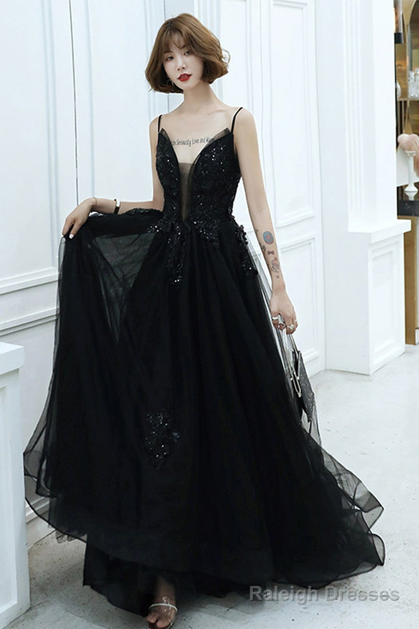 Black V-Neckline Tulle With Lace Applique Long Prom Dress, Black Evening Dress Main image