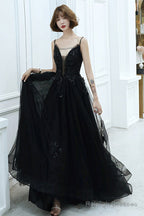 Black V-Neckline Tulle With Lace Applique Long Prom Dress, Black Evening Dress