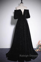 Black V-Neckline Velvet Off Shoulder Party Dress, A-Line Black Prom Dress Evening Dress