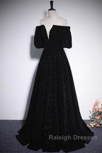 Black V-Neckline Velvet Off Shoulder Party Dress, A-Line Black Prom Dress Evening Dress
