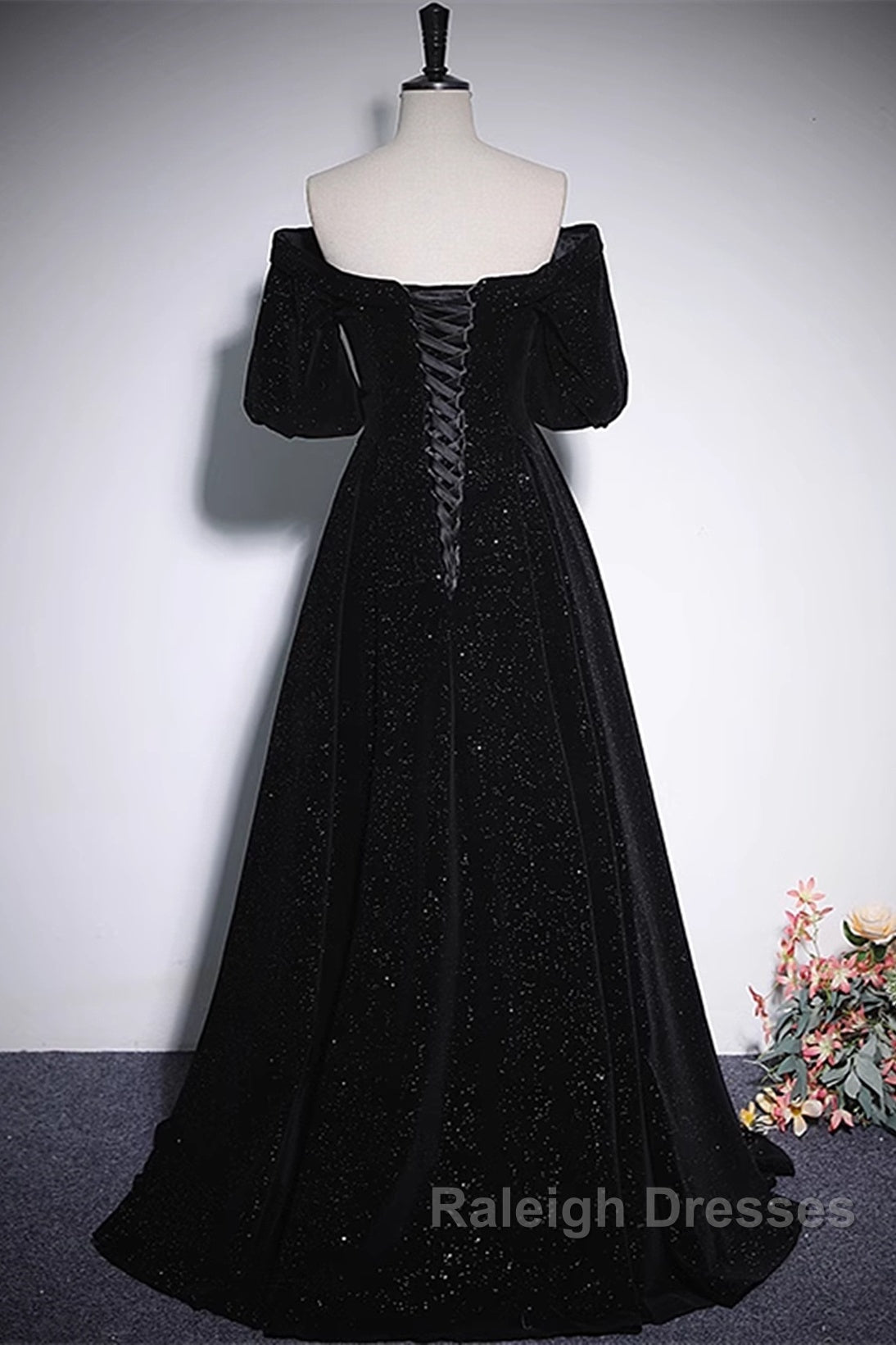 Black V-Neckline Velvet Off Shoulder Party Dress, A-Line Black Prom Dress Evening Dress