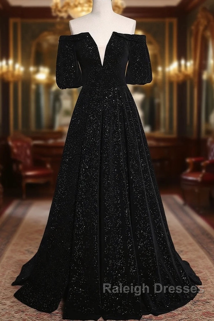 Black V-Neckline Velvet Off Shoulder Party Dress, A-Line Black Prom Dress Evening Dress Main image