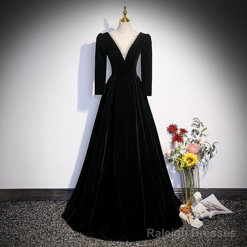 Black Velvet A Line Prom Dress Elegant V Neck Evening Dress Main image