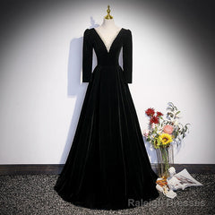 Black Velvet A Line Prom Dress Elegant V Neck Evening Dress