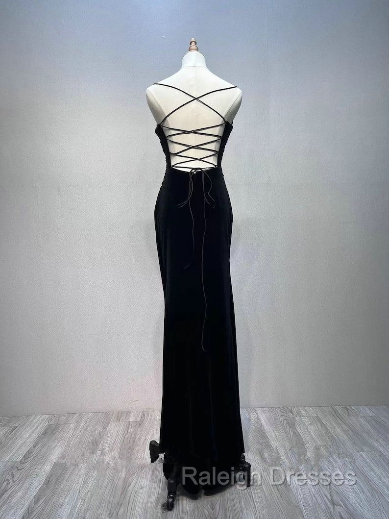 Black Velvet A Line Straps Wedding Prom Dresses Black Long Prom Dresseses Secondary image