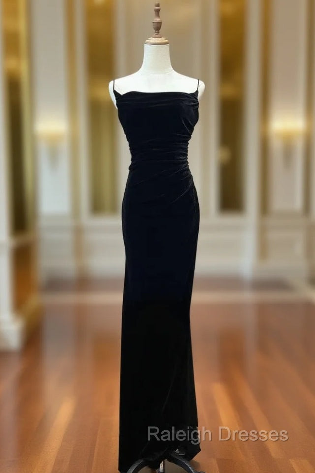 Black Velvet A-line Straps Wedding Party Dress, Black Long Evening Dress Prom Dress Main image