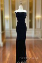 Black Velvet A-line Straps Wedding Party Dress, Black Long Evening Dress Prom Dress