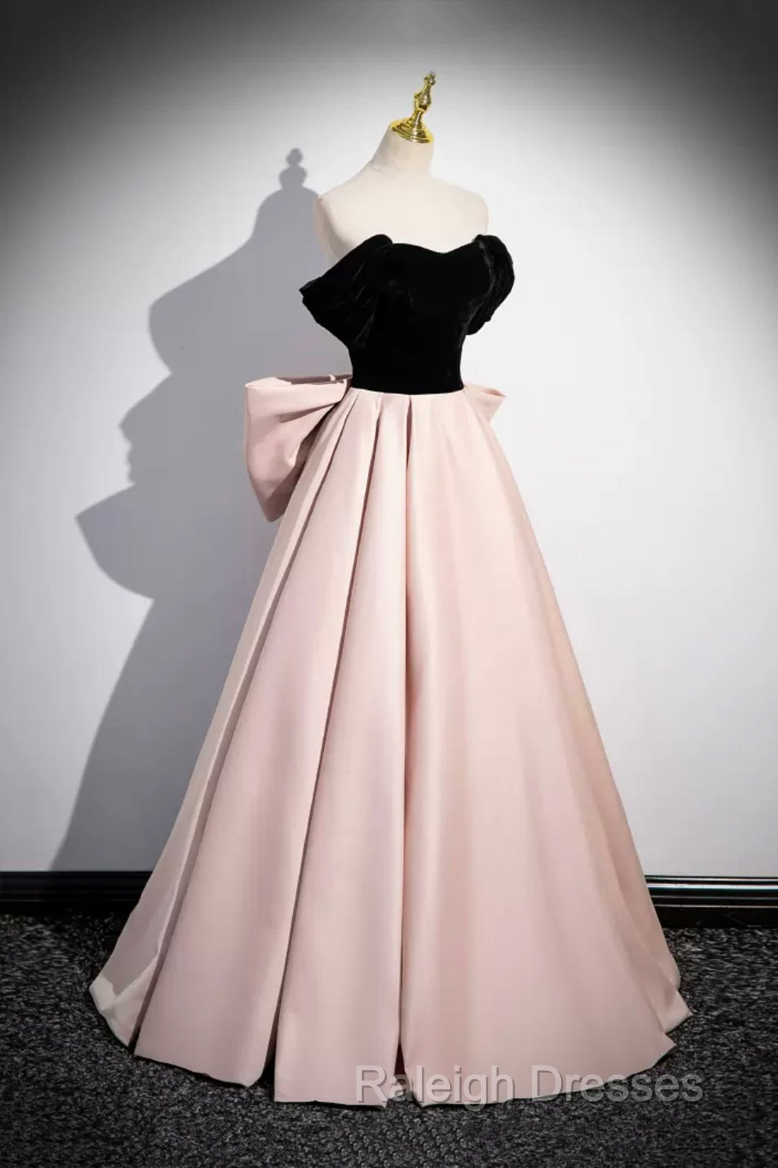 Black Velvet And Pink Satin Long Prom Dress, Beautiful A-Line Evening Party Dress With Bow Secondary image