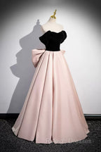 Black Velvet And Pink Satin Long Prom Dress, Beautiful A-Line Evening Party Dress With Bow