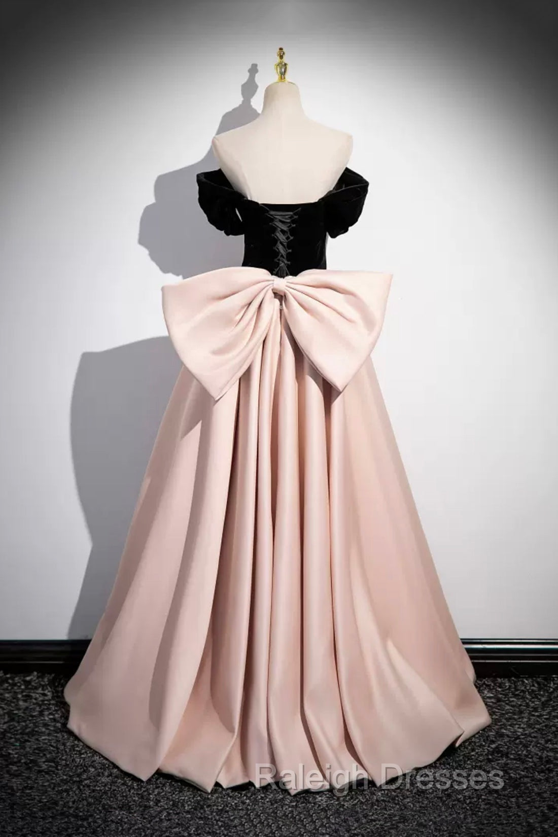 Black Velvet And Pink Satin Long Prom Dress, Beautiful A-Line Evening Party Dress With Bow