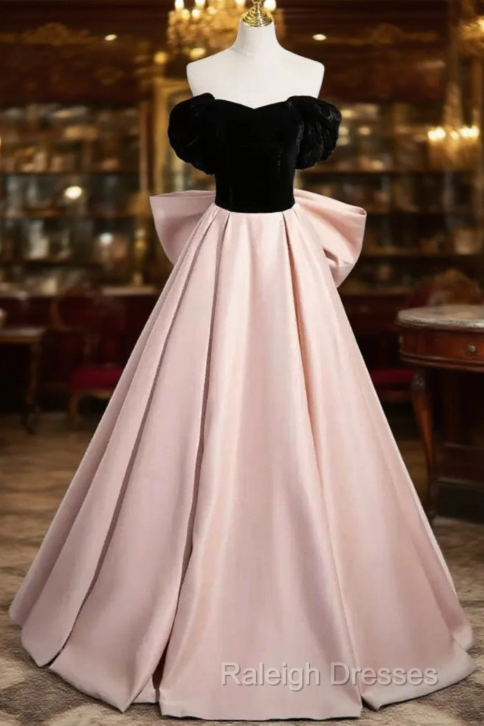 Black Velvet And Pink Satin Long Prom Dress, Beautiful A-Line Evening Party Dress With Bow Main image