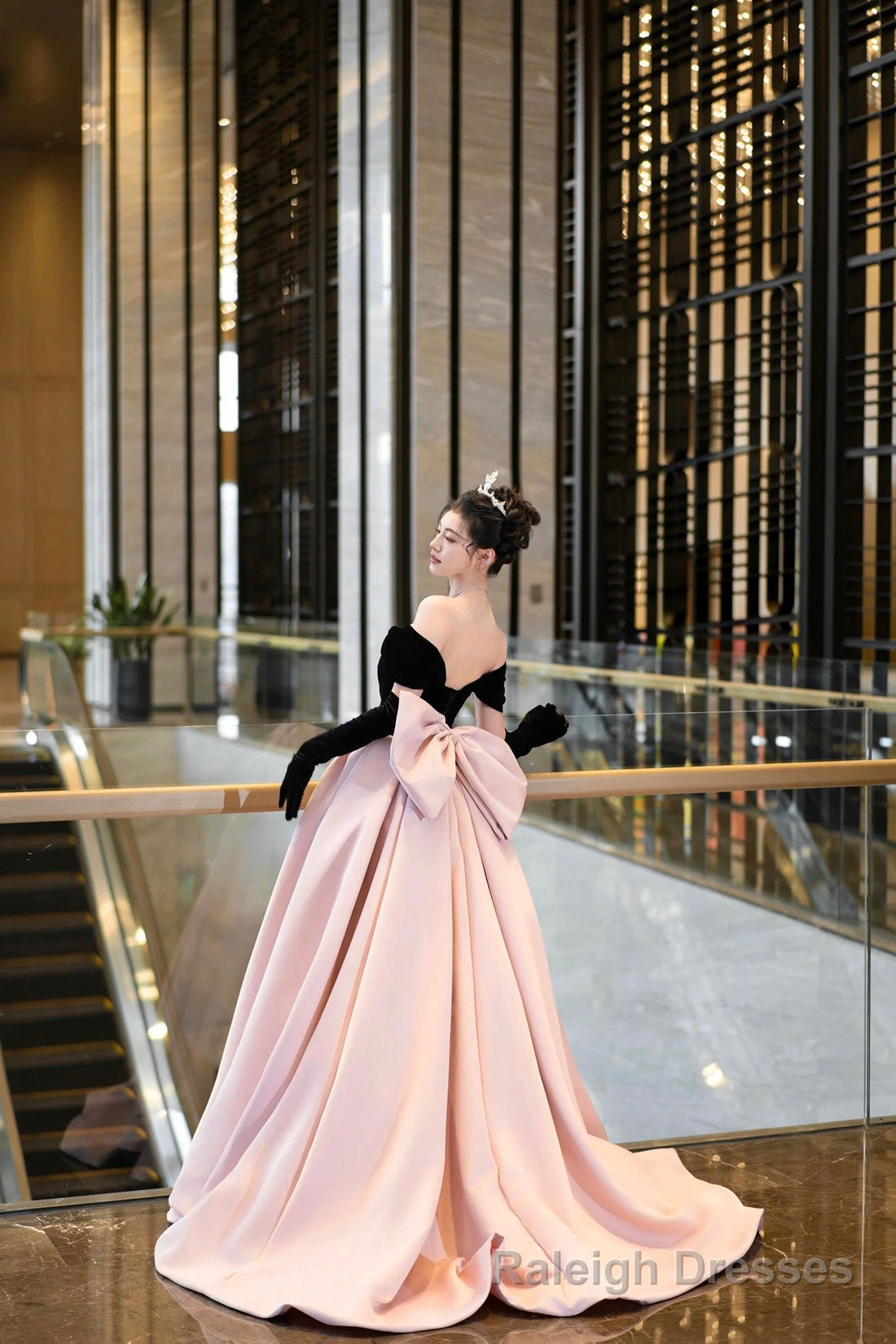 Black Velvet and Pink Satin Long Prom Dress, Off the Shoulder Evening Party Dress