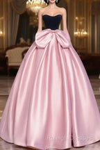 Black Velvet and Pink Satin Long Prom Dress with Bow, Beautiful A-Line Strapless Formal Party Dress